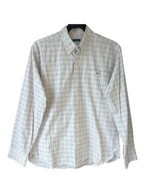 Fish Hippie Men XL Plaid Button Down Shirt Tan Blue Stretch Cotton 23x30 Coastal